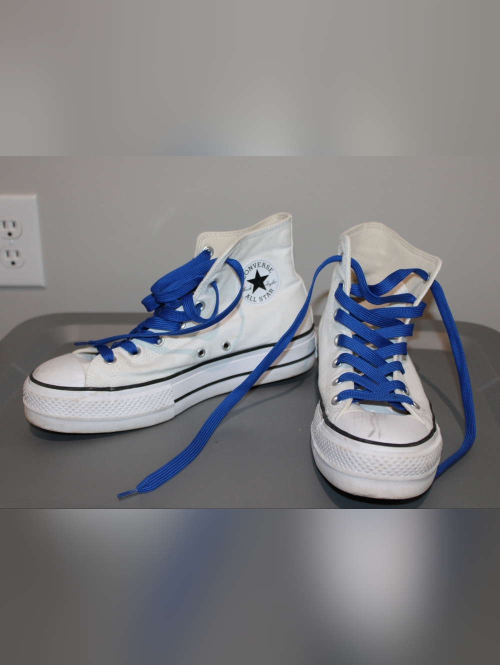 Converse Chuck Taylor All Star High Top Platfor Sneakers - White with Blue Laces